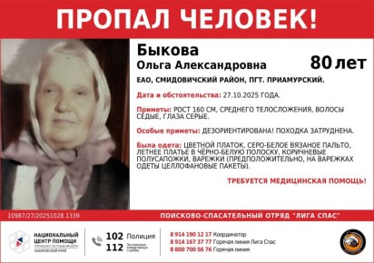 ПРОПАЛ ЧЕЛОВЕК. Быкова Ольга Александровна, 80 лет