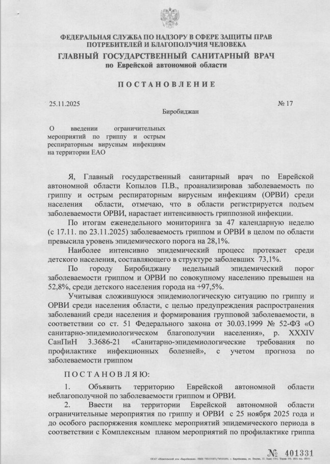 Ограничительные меры по гриппу и ОРВИ введены на всей территории ЕАО с 25 ноября 2025 г