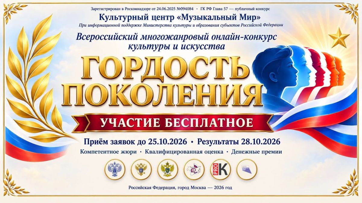 Культурный центр «Музыкальный Мир» при информационной поддержке Министерства культуры и образования субъектов Российской Федерации и государственного портала «Про.Культура.РФ» приглашает принять участие во всероссийском...